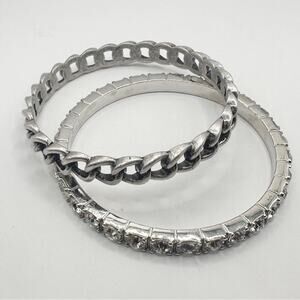 RJ Graziano Bangle Bracelet set of 2 Silver CZ Rhinestone Pewter Metal Chain
